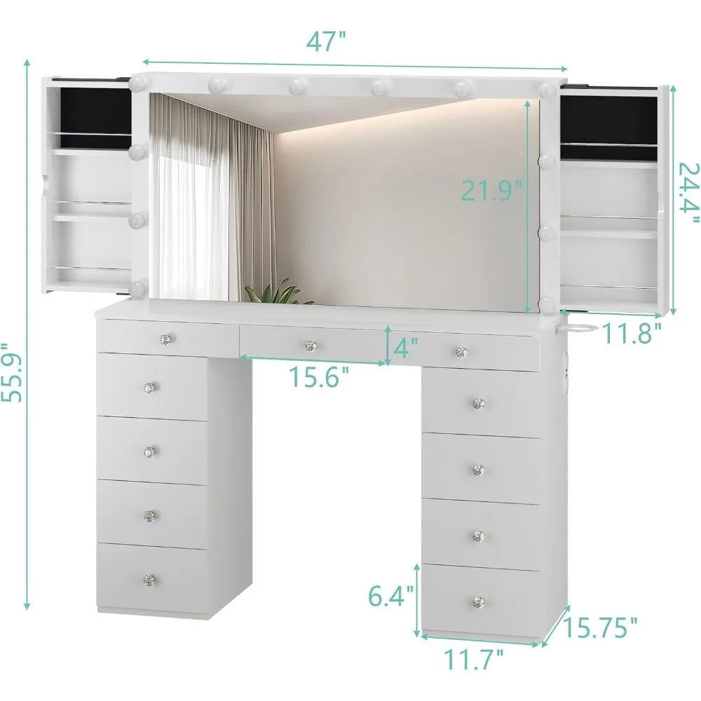 Meja Rias Rias Menyala dengan Cermin, Laci, dan Penyimpanan Perhiasan berwarna Putih