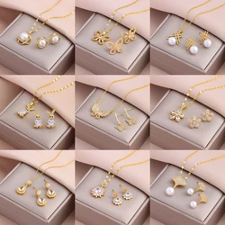 New Trendy 18K Gold Plated Necklaces Earrings For Women Female Daily Wear Stainless Steel Jewelry Set Girls Party Gift Wholesale