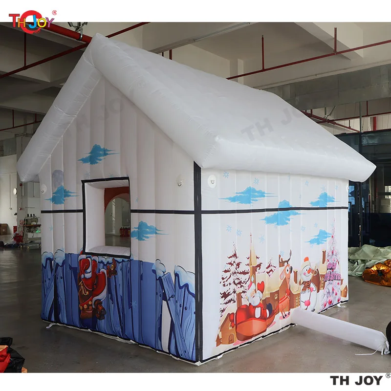 زينة عطلة خارجية بيضاء قابلة للنفخ لعيد الميلاد مع أضواء بيضاء، خيمة منزل سانتا المحمولة للحفلات الاحتفالية