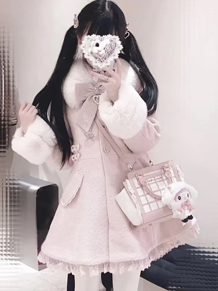 Cappotto invernale da ragazza elegante giapponese tinta unita colletto in peluche delicato fiocco dolce bottone d'amore alla moda capispalla per il tempo libero in pizzo carino