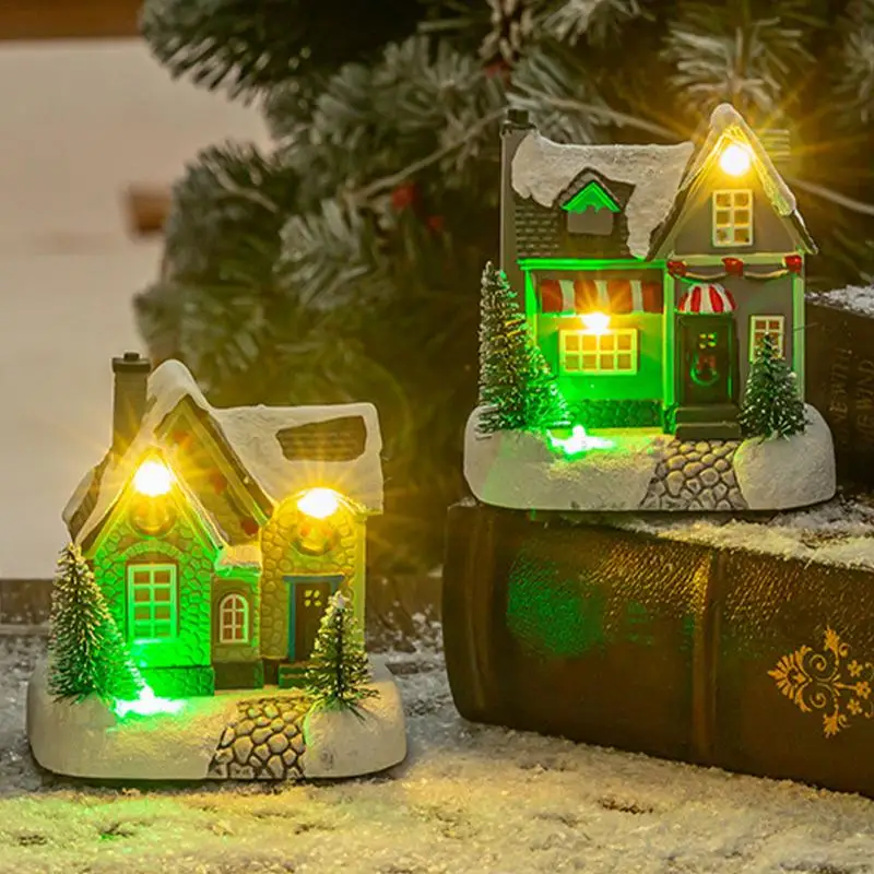 Christmas House Light Decorations Resin Snow House Village Building Statue Home Ornaments New Year 2025 Navidad Party Decor