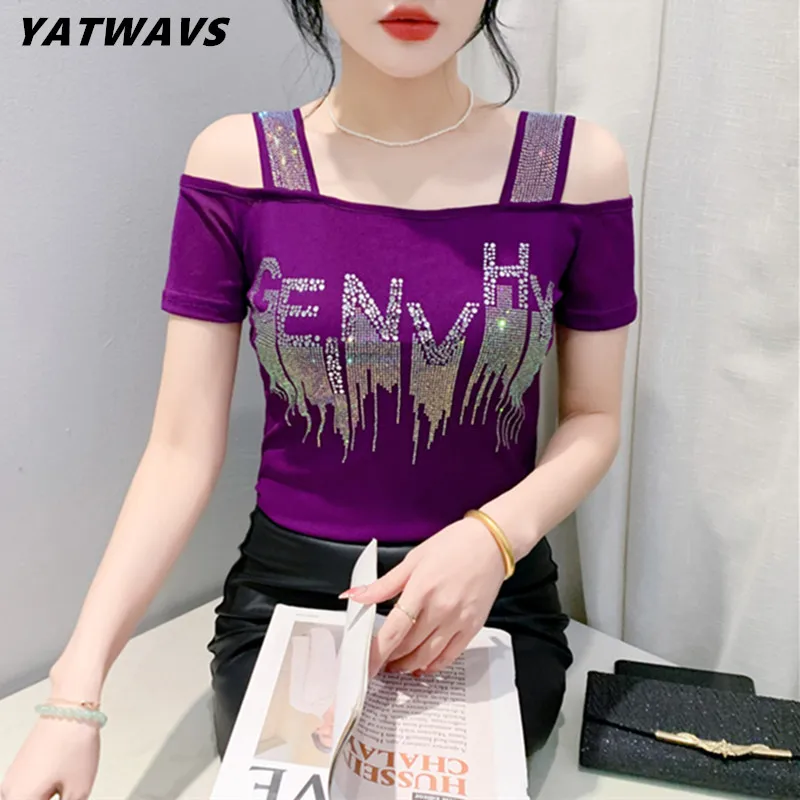 M-3XL Summer New Women's Letter Hot Diamonds T-shirt Clothes Sexy Off Shoulder Short Sleeve Tops Luxury Girl Mesh Slim Tees 2024