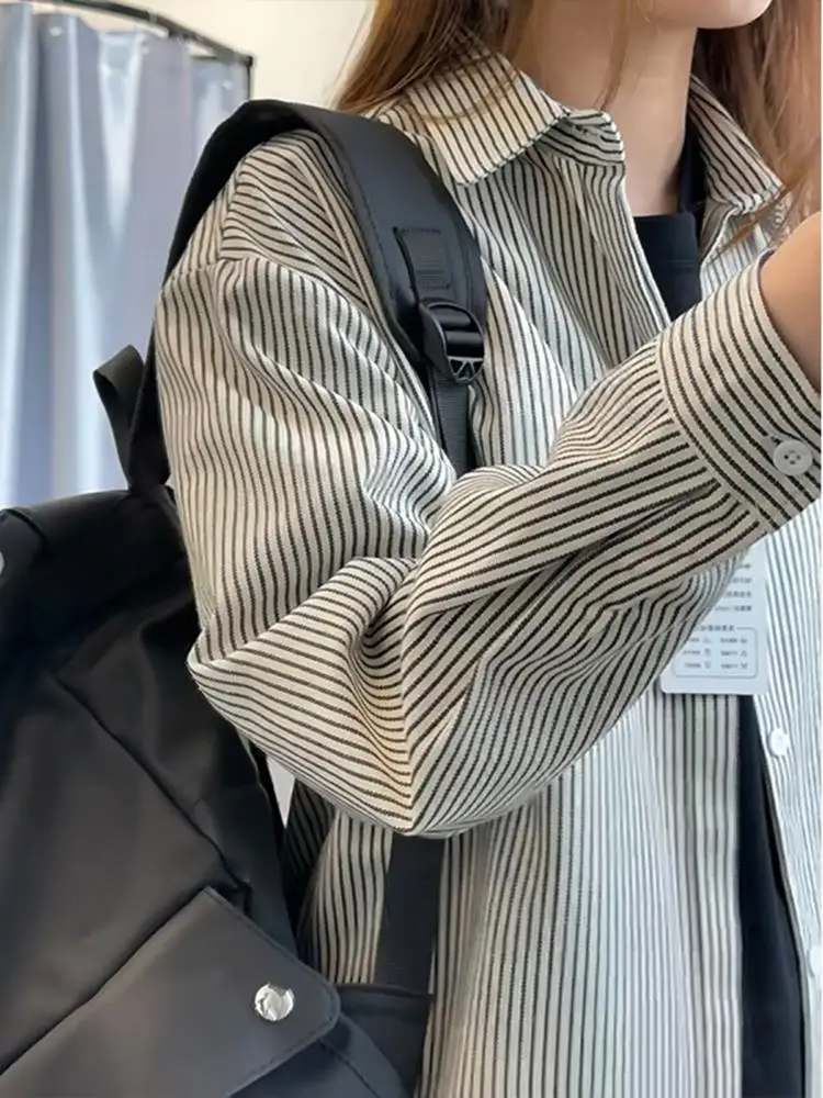 

Retro Striped Long Sve irt ex Casual Sle Polyester Fiber No Brand Youth Faion Autumn Season Regular Fit Button up