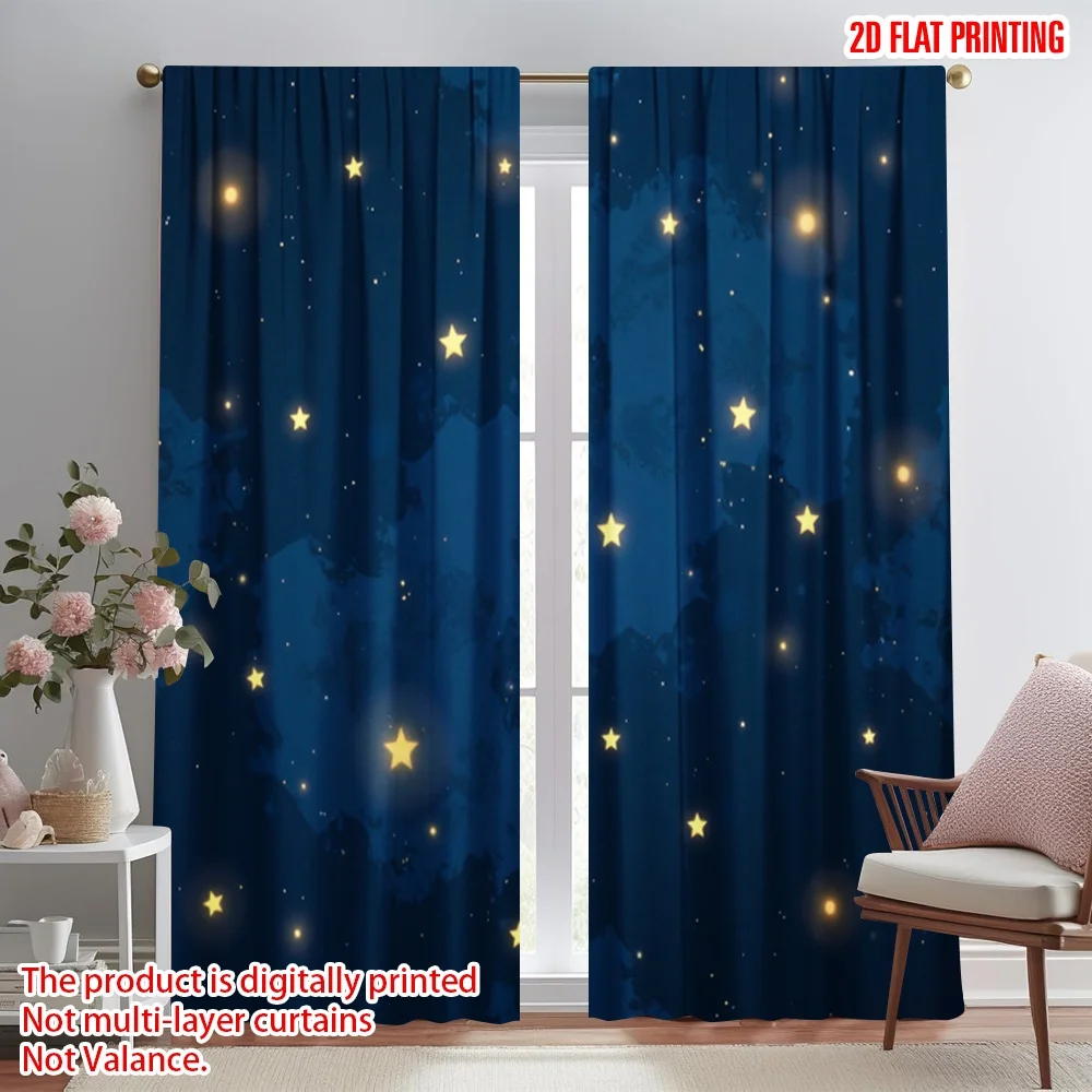 2 قطعة ستائر مطبوعة مسطحة ثنائية الأبعاد شاشة مسطحة نمط السماء المرصعة بالنجوم بوليستر بدون كهرباء حفلة عيد ميلاد للغرفة الجمالية