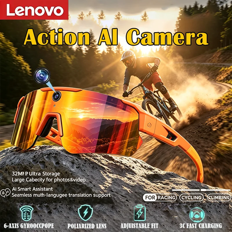 Image of Lenovo KI-Smart-Brille mit ChatGPT, 1080P-Kamera, 8MP Anti-Shake-Funktion, für Radfahren, Video, Foto, Sport-Sonnenbrille, Dual-Mikrofon, 32GB, winddichte Schutzbrille