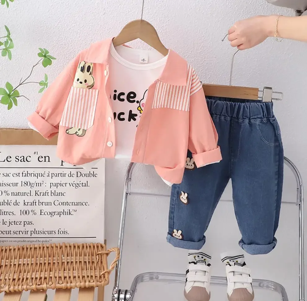 Ensemble de Vêtements de Styliste pour Bébé Fille, Tenue de Style Coréen, Dessin Animé, Poche Lapin, Chemises Décontractées, Économie, Jeans, Survêtements pour Enfants, 3 Pièces