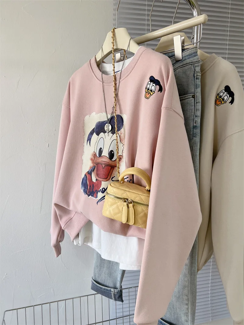 

Утепленная свободная женская толстовка-куртка с мультяшной вышивкой и принтом, осенне-зимняя, милая, универсальная, в корейском стиле, с длинными рукавами