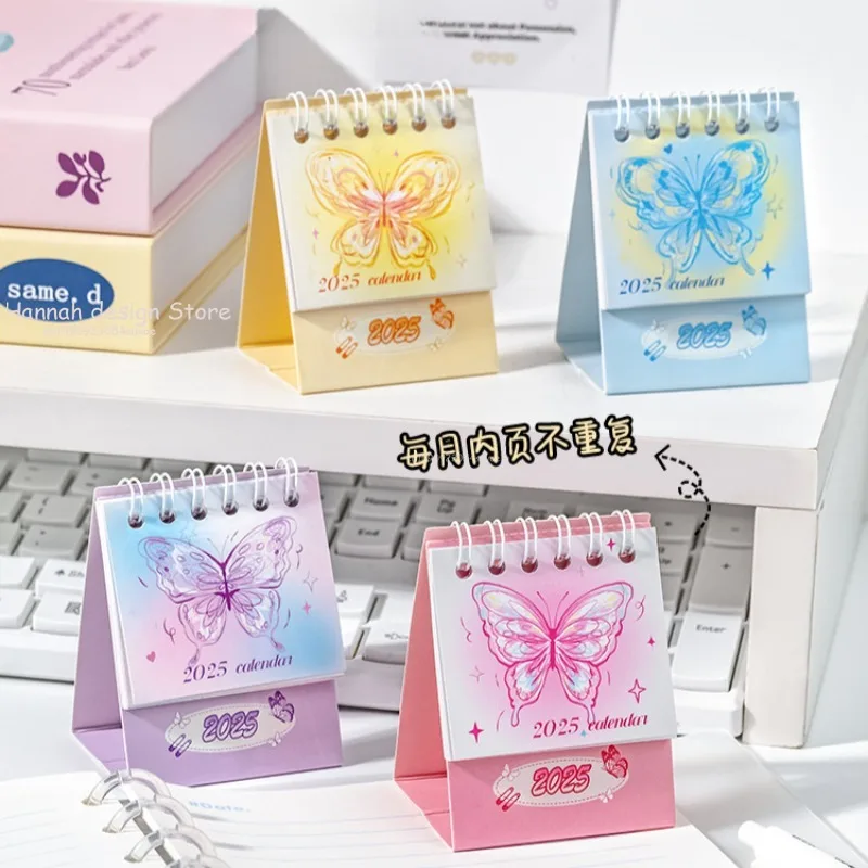 The 2025 Desk Calendar Laser Butterfly Small Desk Calendar Desktop Decoration Office Mini Coil Calendar Plan Craft Supplies