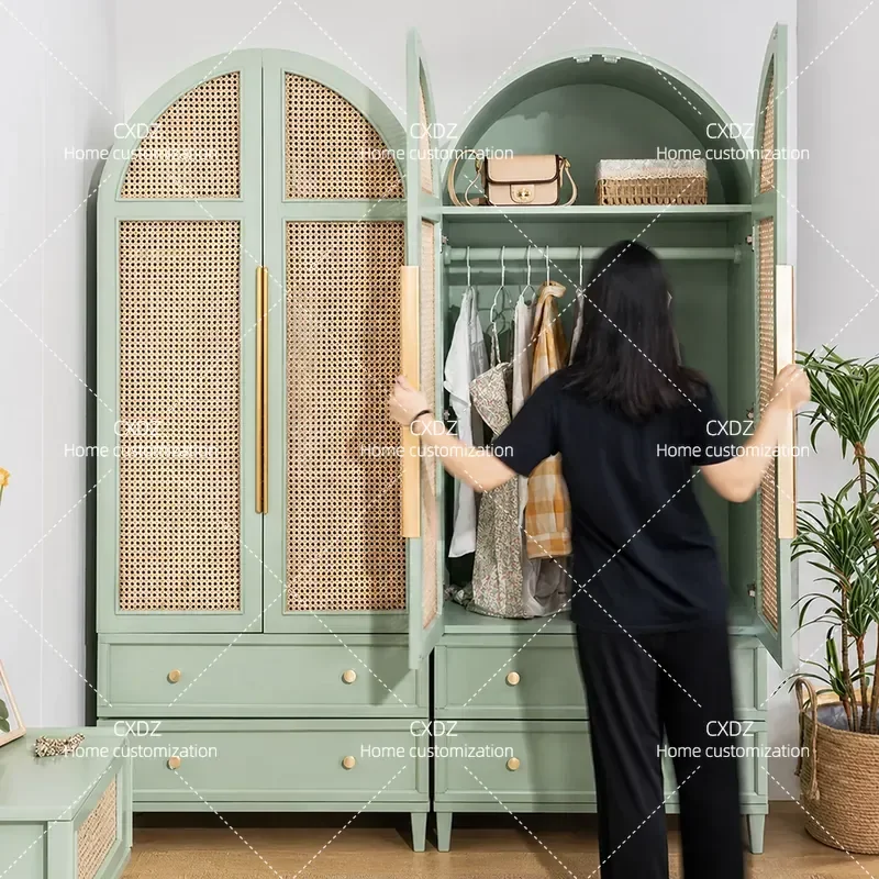 American Light Luxury Braided Rattan Double Door Wardrobe Simple Modern Storage Cabinet for Small Apartment Homestay Hotel
