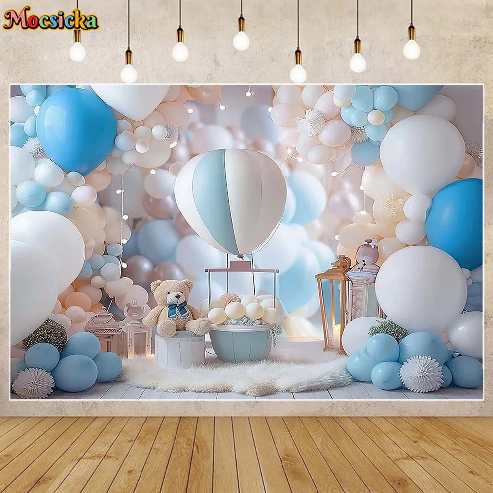 

Mocsicka Photography Background Blue and White Balloon Bear Boys 1st Birthday Cake Smash Party Decor Backdrop Photo Studio Props