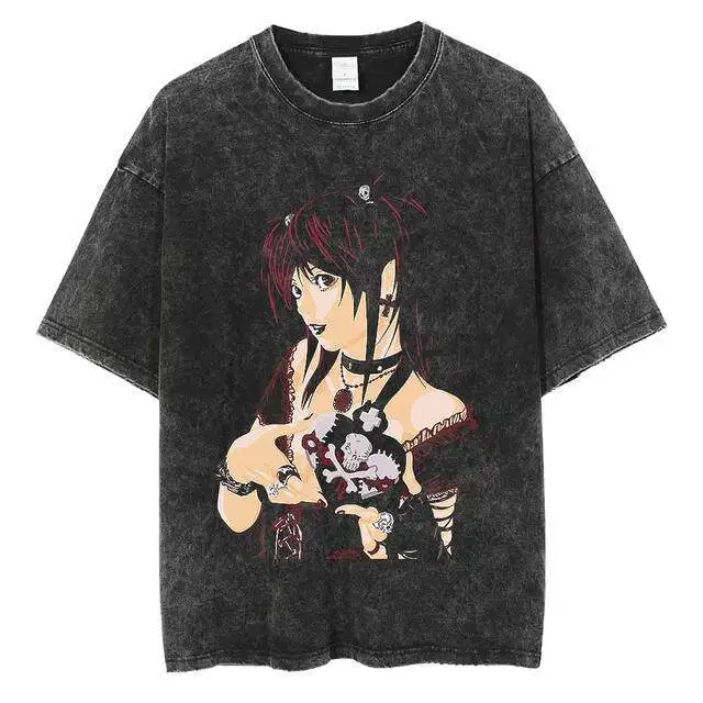 Death Note Misa Amane Gothic-Print Vintage Washed T-Shirt 2026 Sommer Oversized Streetwear Anime Grafik-T-Shirt für Herren Damen Oberteile