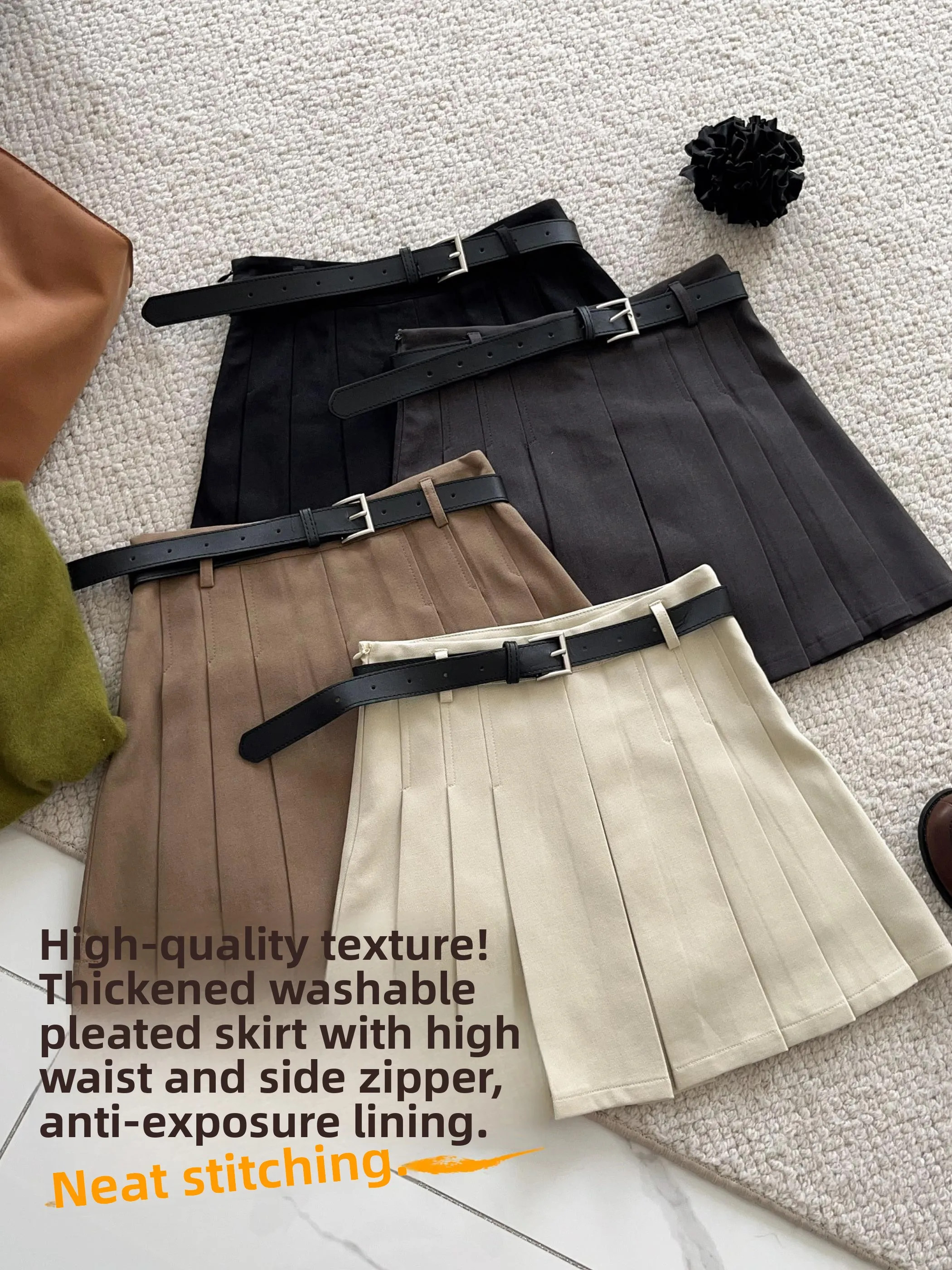 

High Waist A-Line Skirt Thiened Khaki Pleated ort Skirt Anti-Light with Belt Autumn College Sle Women's Skirts