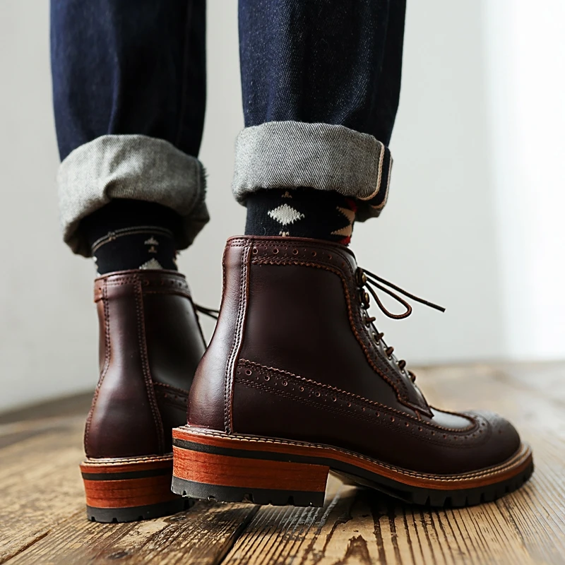 2023 new platform boots handmade vintage British men ankle boots cow leather Tooling shoes motorcycle boots Round Toe Lace-up