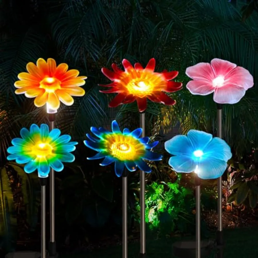 

6 Pack Solar Garden Lights Outdoor Decor, Stake Yard Figurine Colorful Flower Light, Housewarming Ornament for Patio, Lawn, Yar