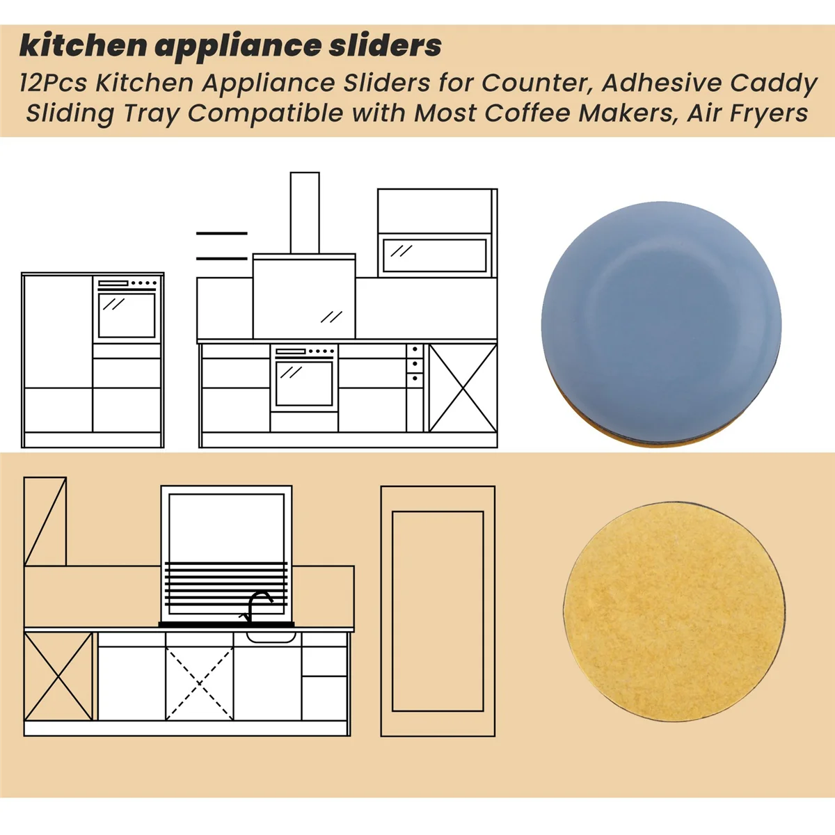 Deslizadores de eletrodomésticos de cozinha populares de 12 unidades para balcão, bandeja deslizante adesiva compatível com a maioria das cafeteiras, fritadeiras de ar