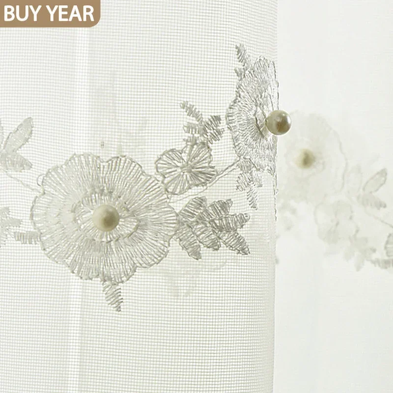 

European Curtain for Living Dining Room Bedroom Nail Bead Screen Curtain Fabric Embroidery Flower White Mosquito Net Can Be