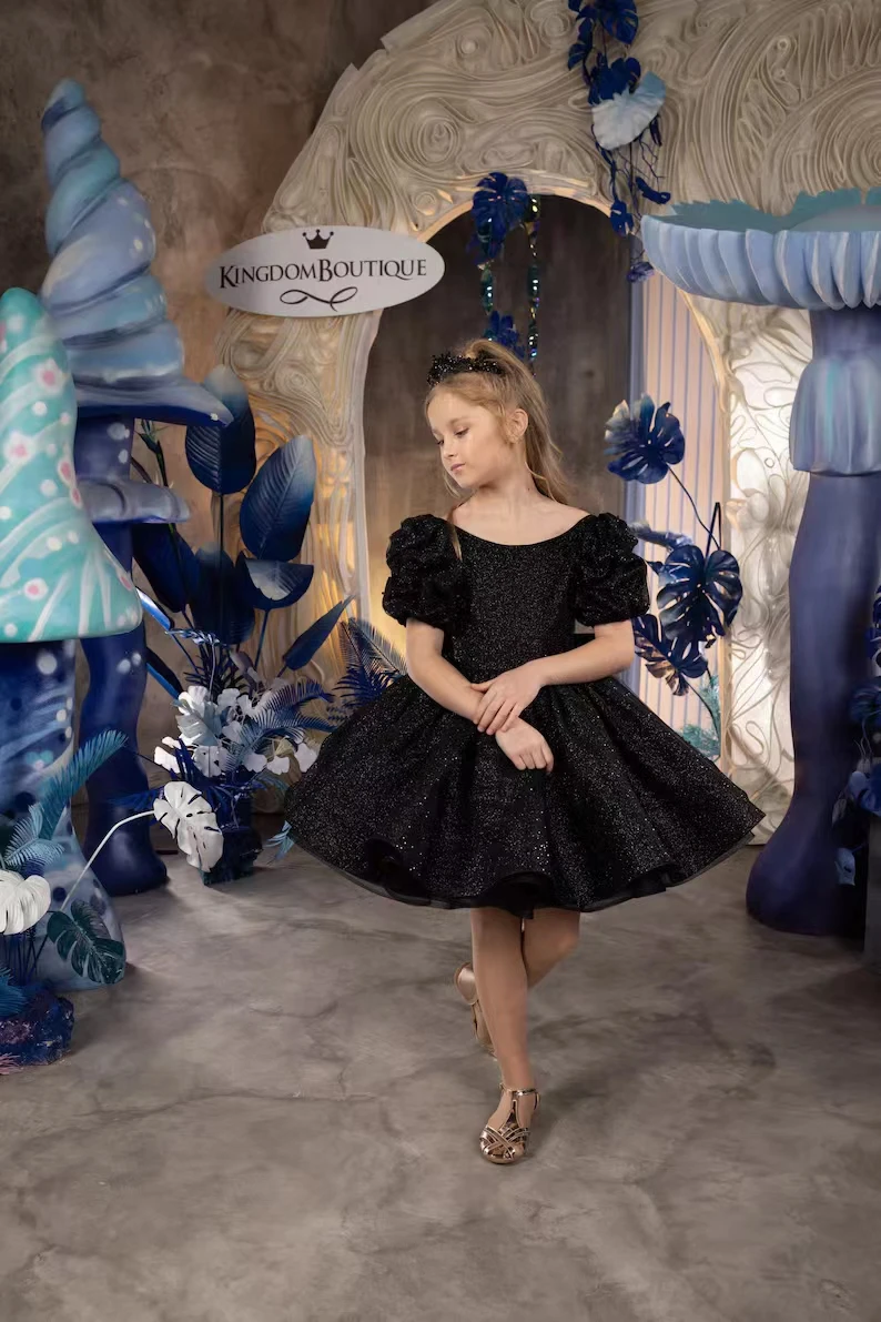 Vestido negro de flores brillantes para boda, lentejuelas de cuello redondo, mangas cortas hinchadas con lazo, vestido de baile de primera comunión de cumpleaños para niños