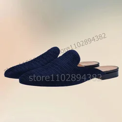 Blue Red Pleated Stripe Design Round Toe Men Slippers Fashion Slip On Men Shoes Luxury Handmade Party Banquet Men Casual Shoes