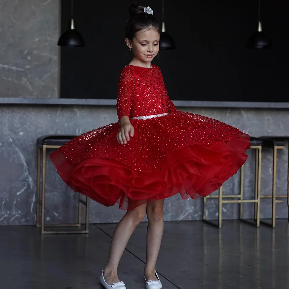 Vestido Rojo de flores para niña, minivestido de fiesta de cumpleaños con mangas, cuello redondo y cuentas de lujo