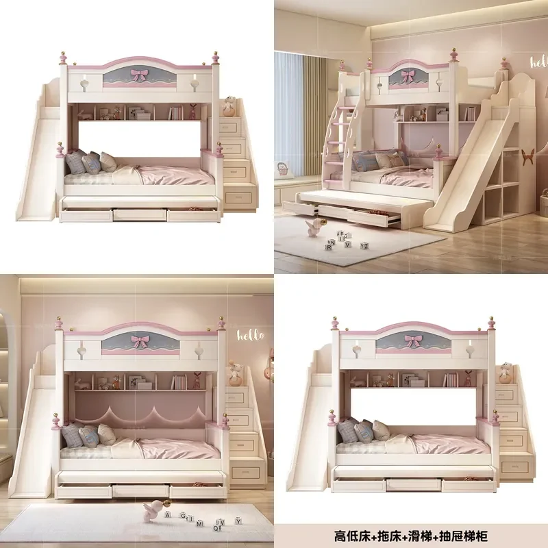 Rosa Holz-Etagenbett mit Rutsche Multifunktionales Loft-Design für Kinder und Mädchen Platzsparende Mutter-Kind-Möbel