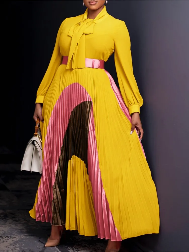 

Temperament Dress Elegant Vestidos French Dresses 2025 Woman Vestido Largo Commuting Long Sleeves Leace-up Contrast Simple Style