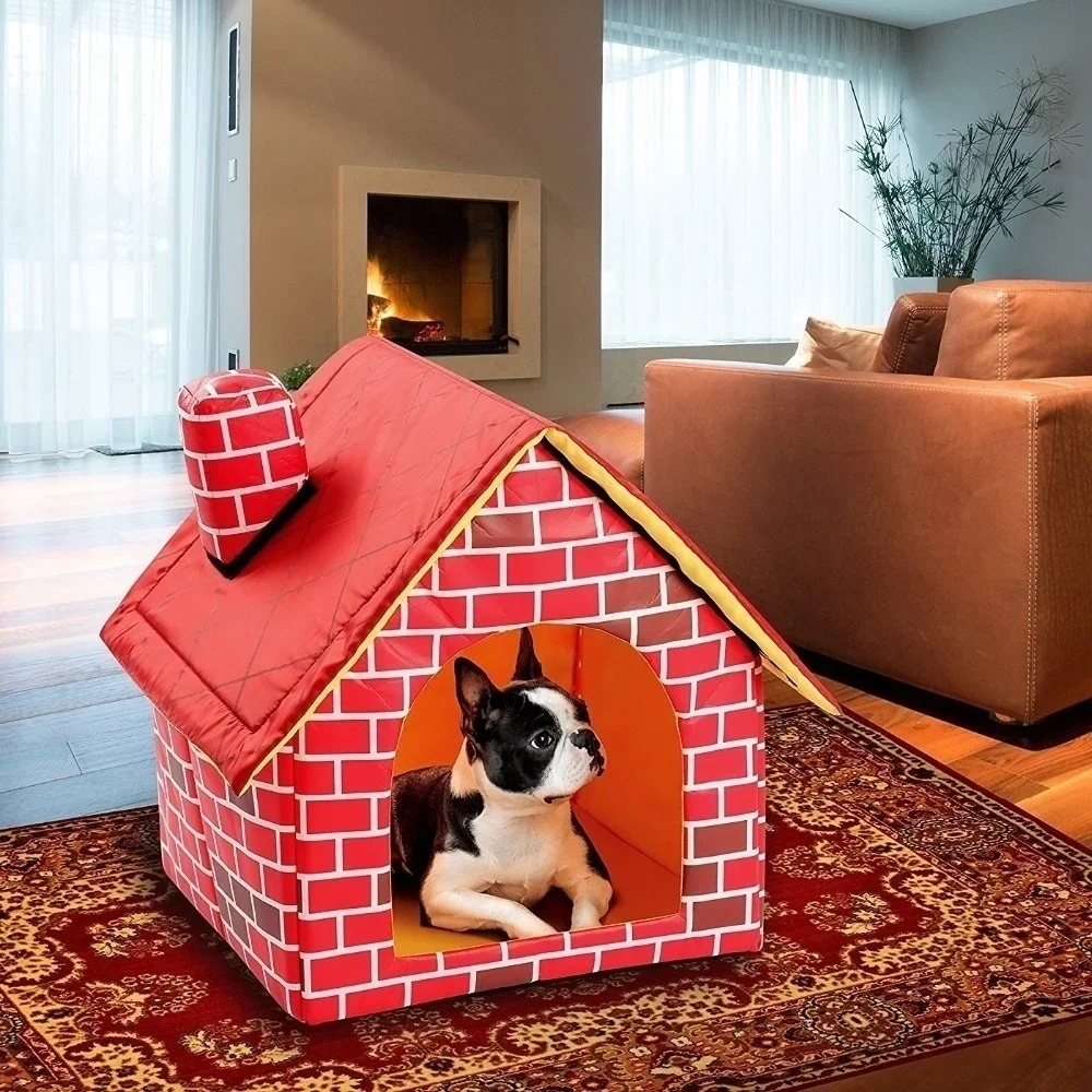 Foldable Kennel Small Dog Cat Kennel Warm and Comfortable Portable Brick Wall Style Pet Dog House Cat Bed