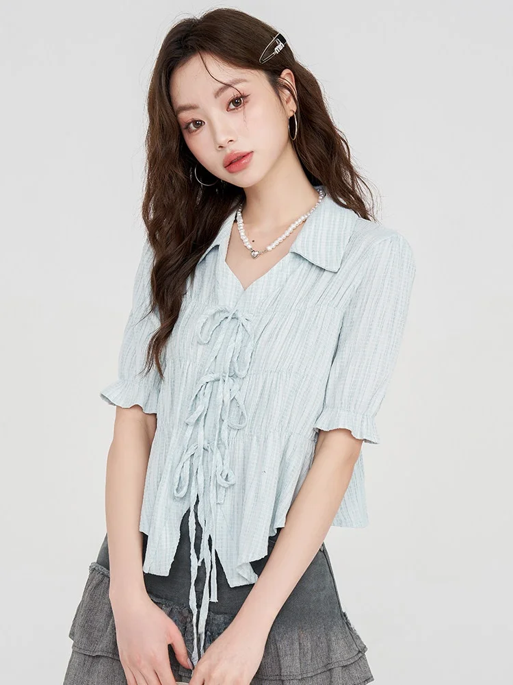 

Slim Fit Short Sleeve Shirt Women's Summer 2026 New Style Sweet Forest Girl Spicy Design Sense Top Knot City Walk