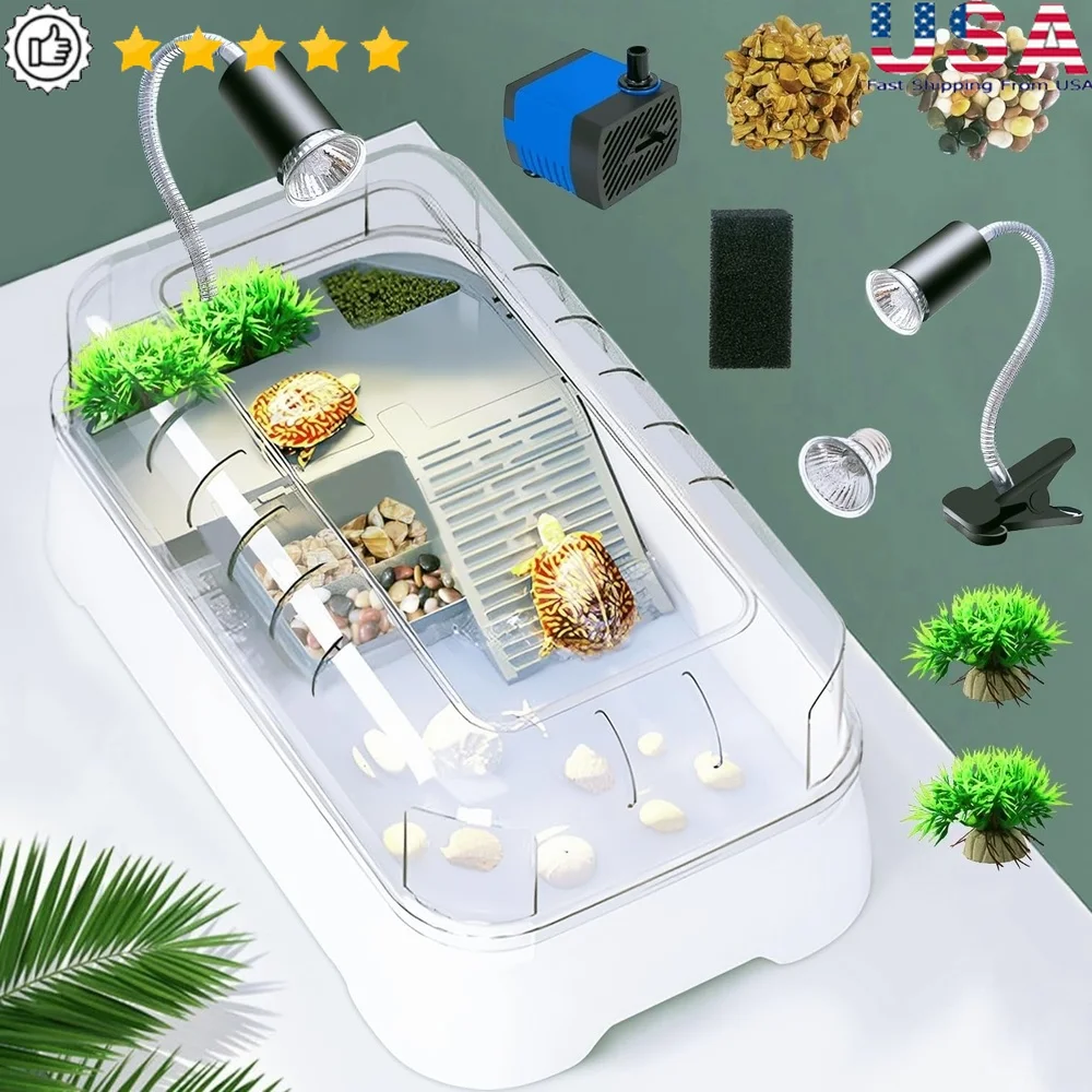 

Turtle Aquarium Kit with Pump Filter UV Light Basking Platform Bottom Drainage Spacious Design Indoor Outdoor Use