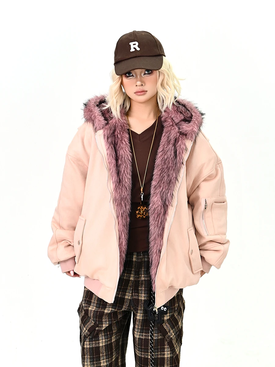 

Thiened Fluffy Star Hooded Cotton Jaet Women's Loose Street Sle Winter Outerwear Trendy High Street Faion Coat