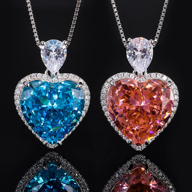 

Luxury 100% 925 Solid Silver Heart-Shaped 15*15mm Aquamarine Tourmaline Pendant Necklaces For Women Wedding Party Fine Jewelry