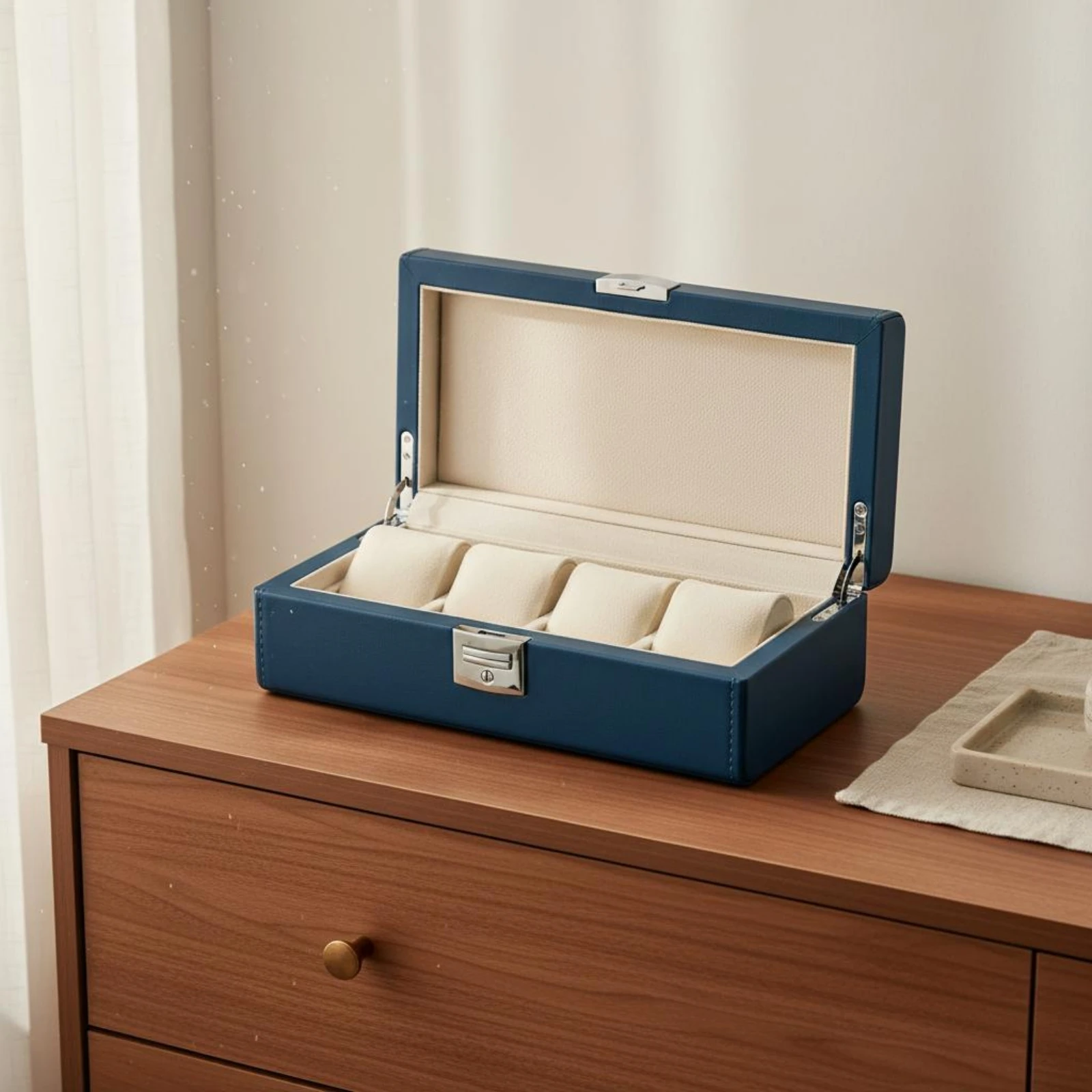 Watch Storage Box 4 Slot Watch Organizer Box Hinged Lid Metal Clasp