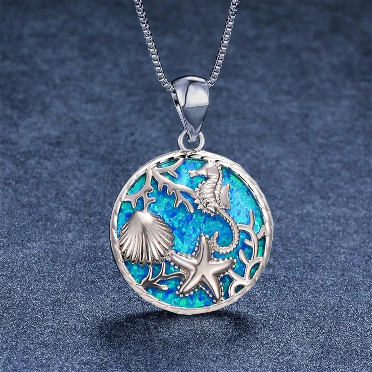 Fashion Cute Seahorse Sea Star Shell Pendant Necklace Inlay Imitation Blue Opal Pendant Necklace for Women Wedding Party Jewelry