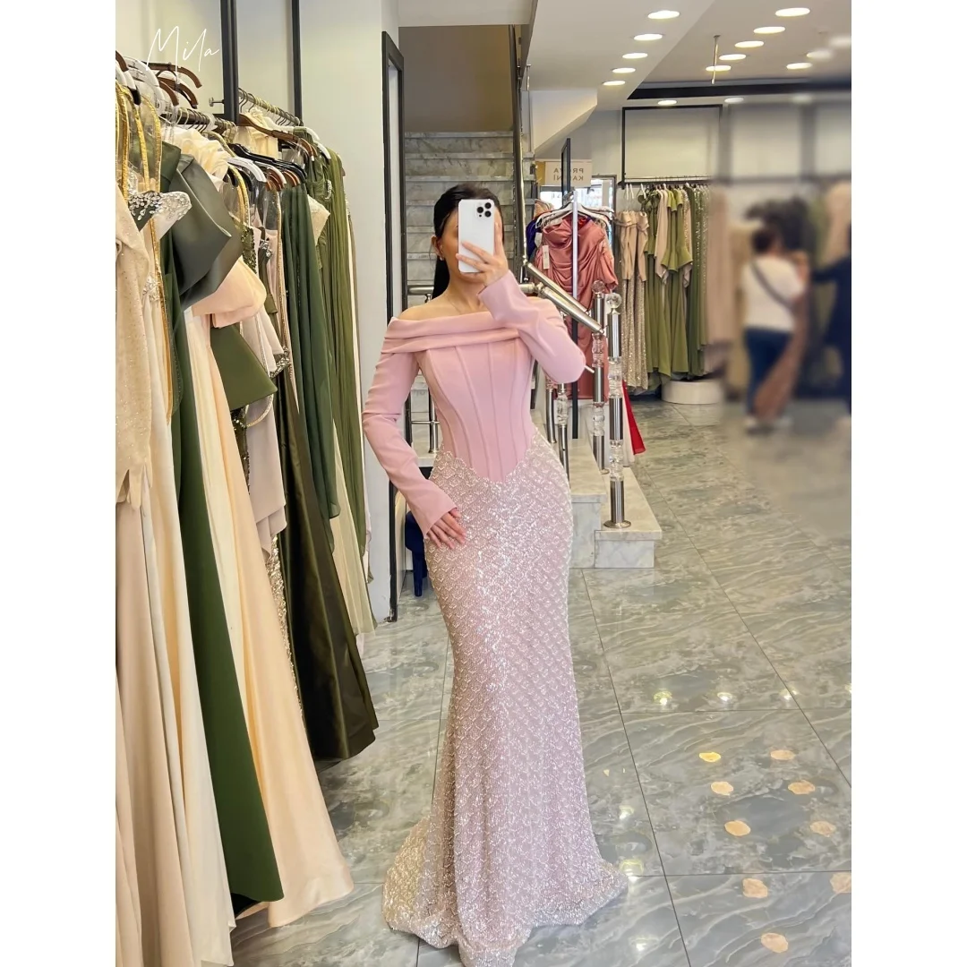 

Mila Light Pink Sequin Off Shoulder Prom Dresses Long Sleeve Ruched Bodice Customized Formal Evening Mermaid Gown Party Dress