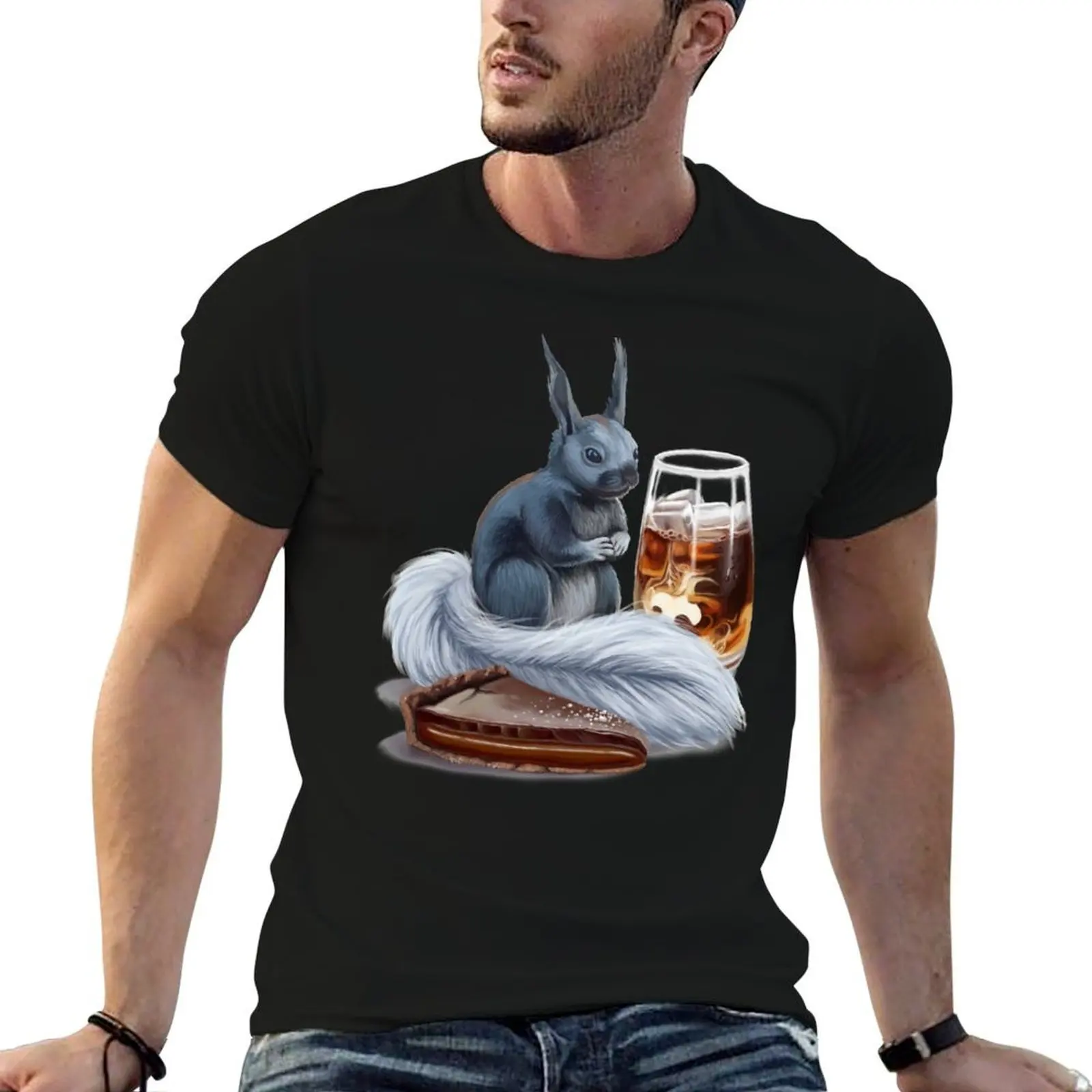 Café helado, tarta de chocolate con caramelo salado y camiseta con estampado de ardilla Kaibab, camiseta de algodón negra lisa para hombre, paquete de camisetas