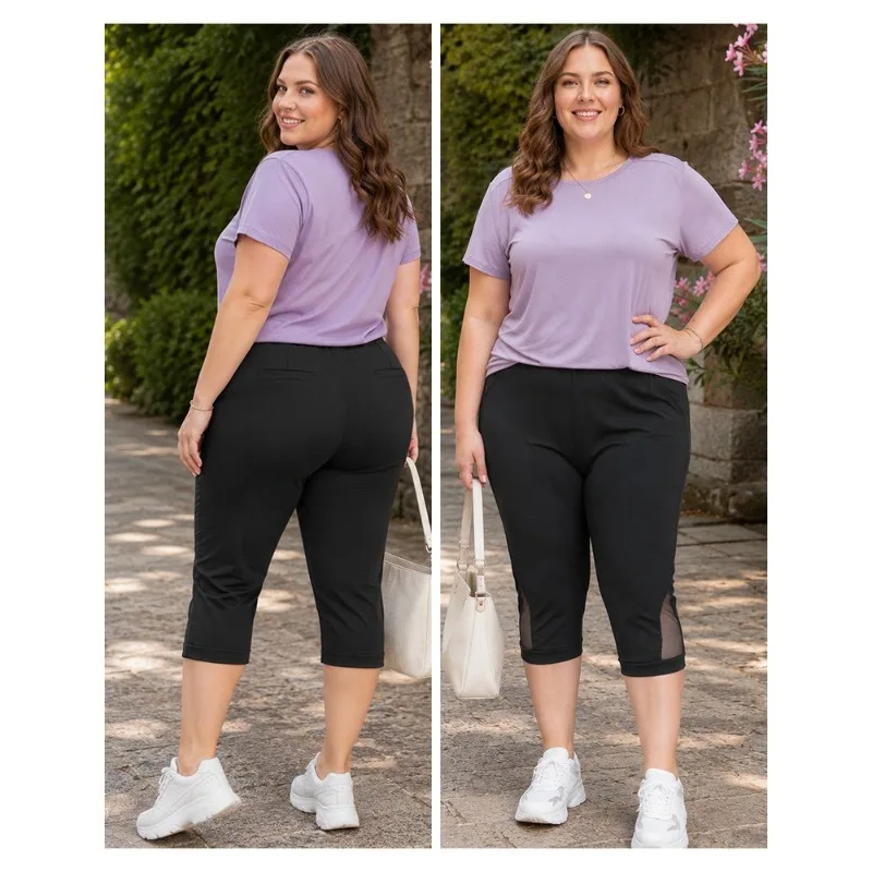 Mesh Hem Capri Pants for Women Elastic Waist Cropped Trousers Loose Fit Breathable Summer Casual Wear Plus Size Lightweight view 4