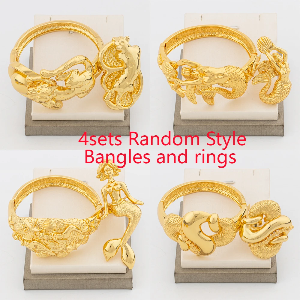 4sets Random Bangles and Rings Luxury Bracelet Ring Woman Bride Wedding Banquet Jewelry Sets 18k Gold Plated Jewellery Gifts