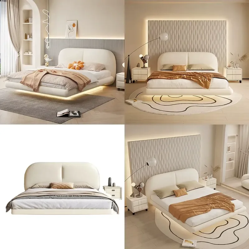 Italian Minimalism Creamy Style Smart Floating Bed: Leather Upholstery, LED - Lit Floating Base, Solid Wood Stability