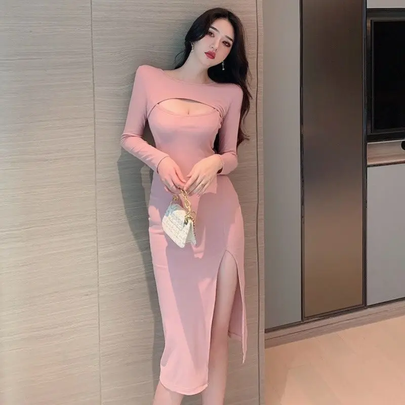 O Neck Cutout Body Dress Mid Length High Slit Long Sleeve Dress