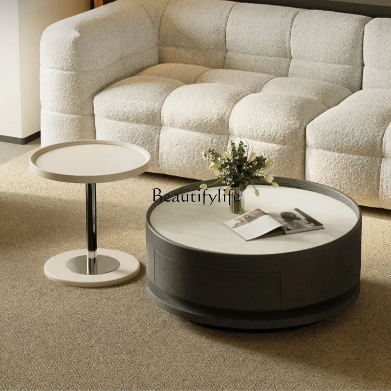 Italian minimalist travertine round coffee table black wabi sand wind rotating rock slab coffee table