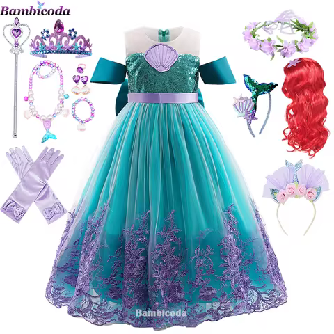 Halloween Little Mermaid Dress Cosplay Anime Clothes Ariel Princess Dress Fancy Evening Dress for Girls Carnival Costumes 3-10YY