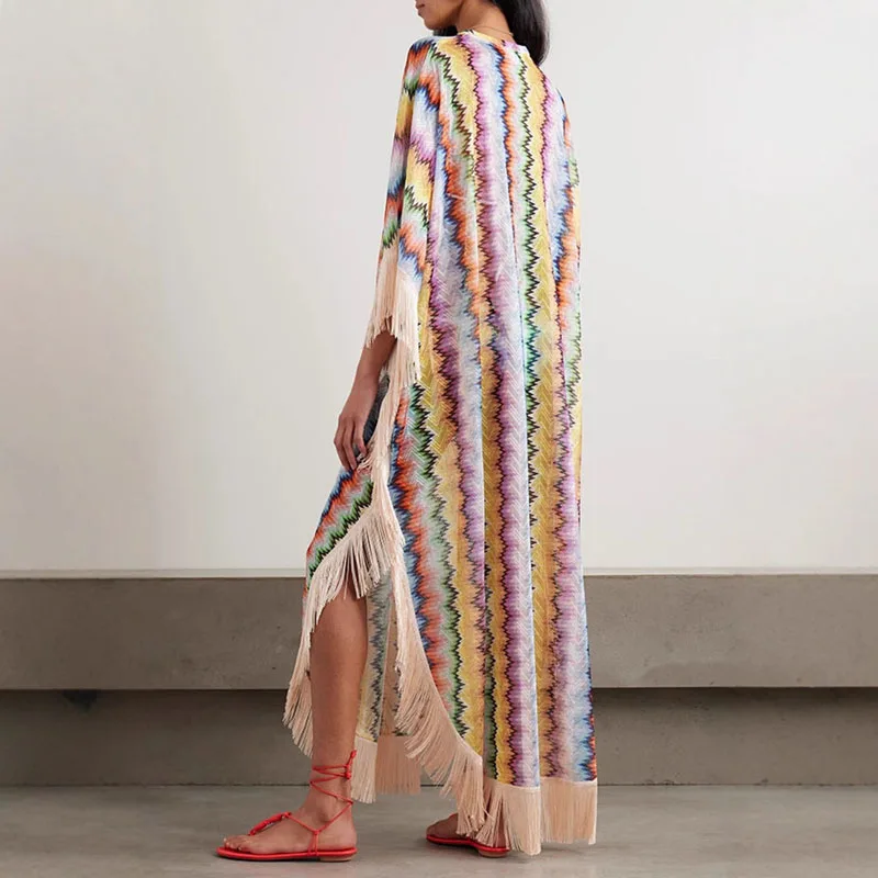Boho kleurrijke gestreepte print splitsen kwastje jurk vrouw lente v-hals losse lange jurk herfst halve mouw vakantie strand coverup