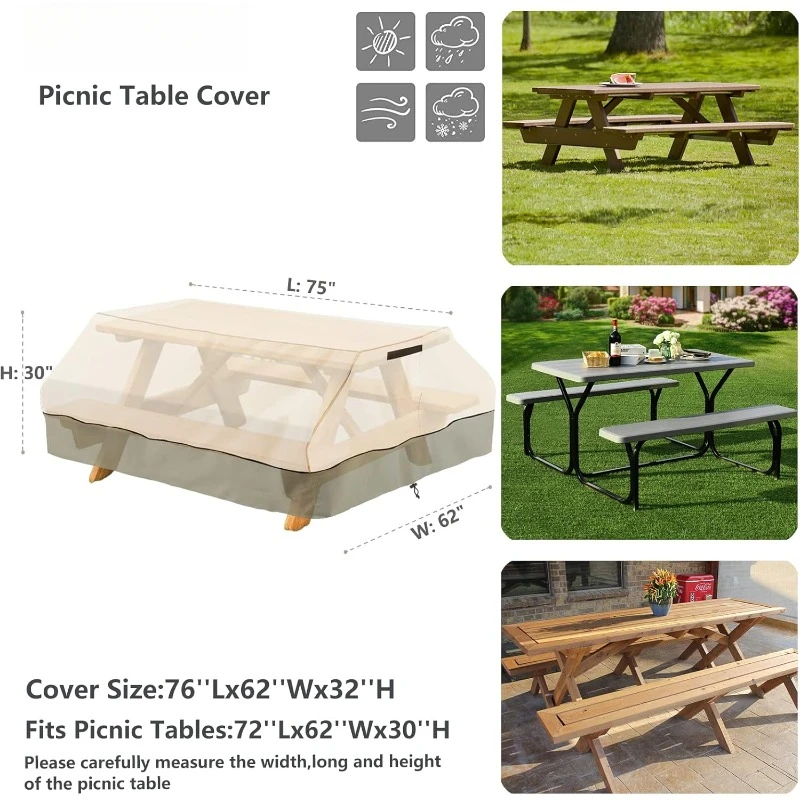 70 / 72 Inch Heavy Duty Waterproof Picnic Table Cover - 600D Tough Canvas Wind Dust Proof Anti-UV Outdoor Patio Table Ben