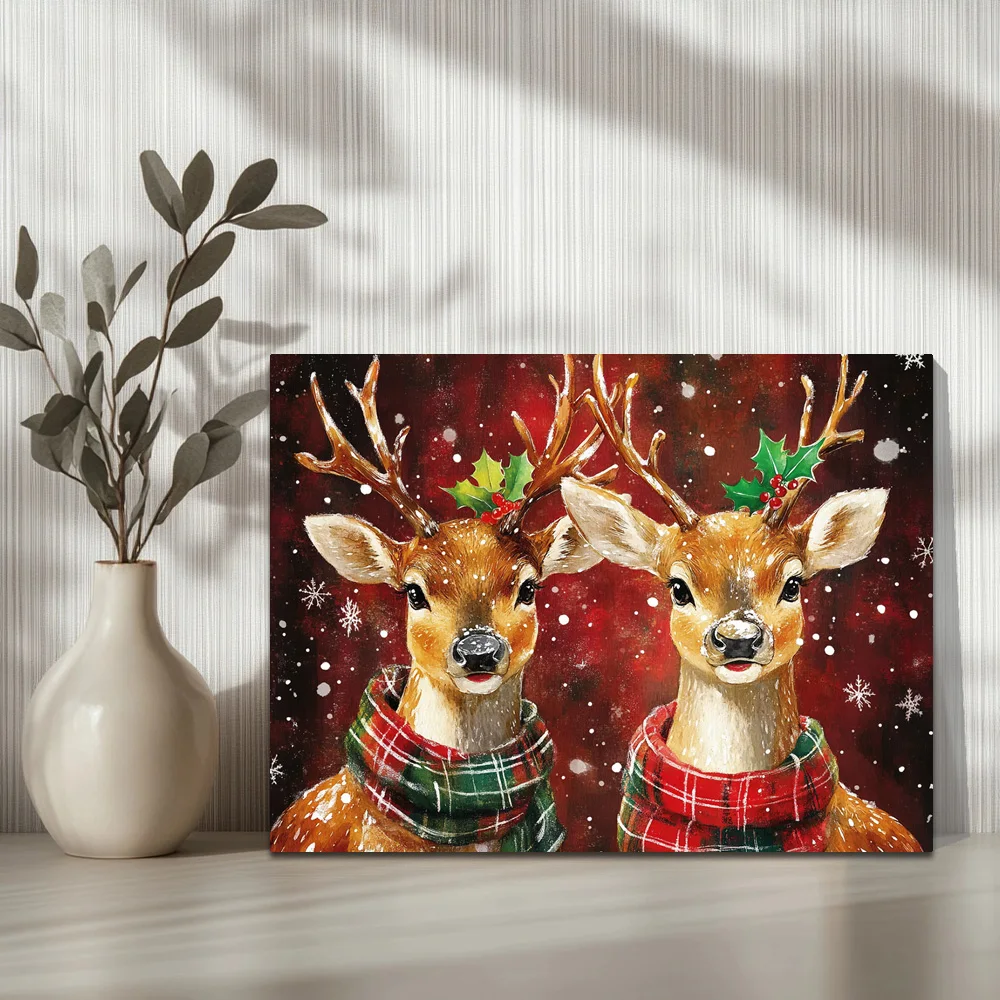 1pc,Two Cute, Happy, Smiling Reindeer B, Modern Canvas Wall Art, Waterproof Wall Painting Poster Picture Art, Framed, 16x12inch