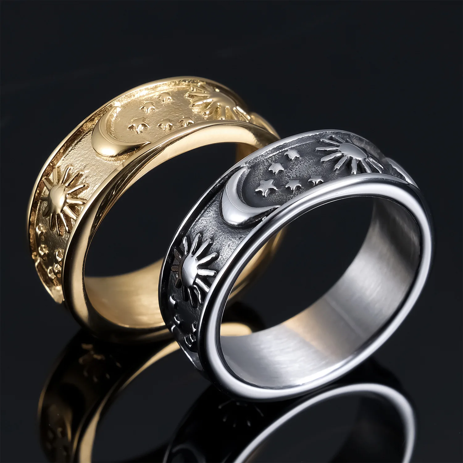 

Vintage Two-tone Stainless Steel Celestial Sparkling Sun & Moon Wide Ring For Women & Men Hip Hop Rock Ring Jewelry Gift