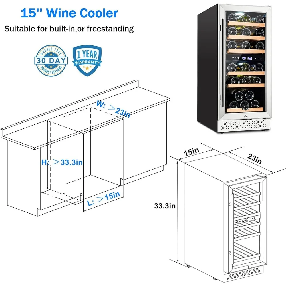 Mini Fridge 15 Inch Wine Cooler Under Counter, 30 Bottle Dual Zone Wine Fridge with Stainless Steel, Wine Refrigerator