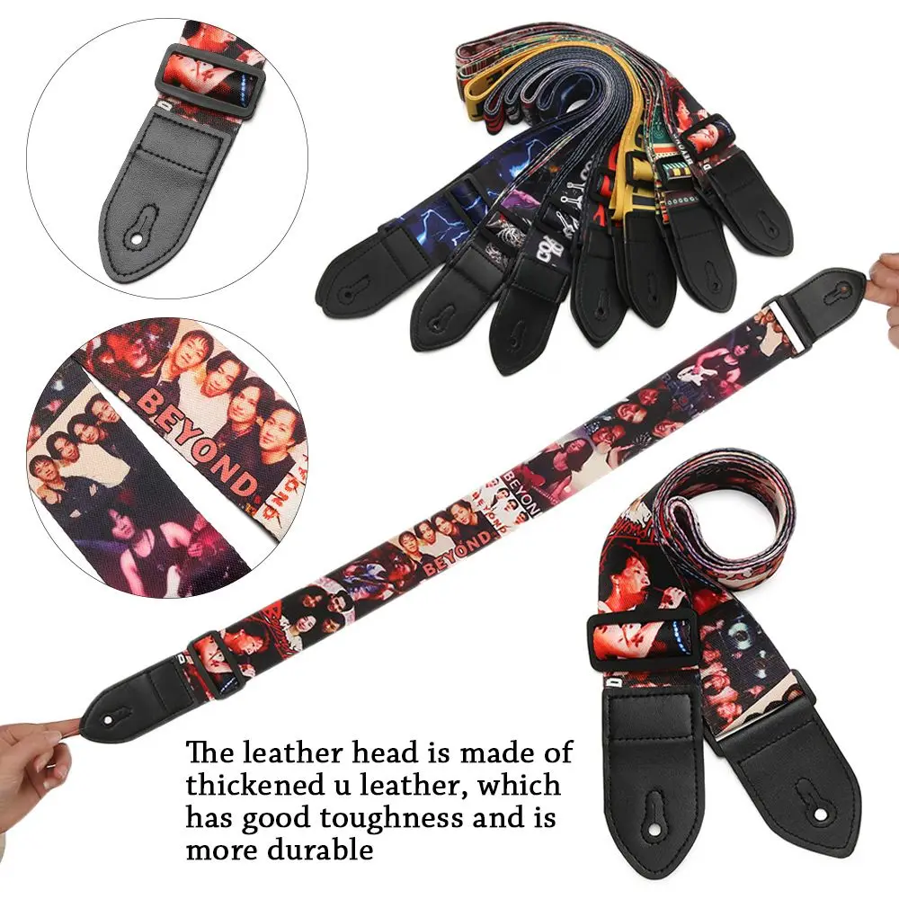 Nylon Guitar Strap for Acoustic Electric Guitar and Bass Multi-Color Guitar Belt PU Leather Ends Adjustable Colorful Printing