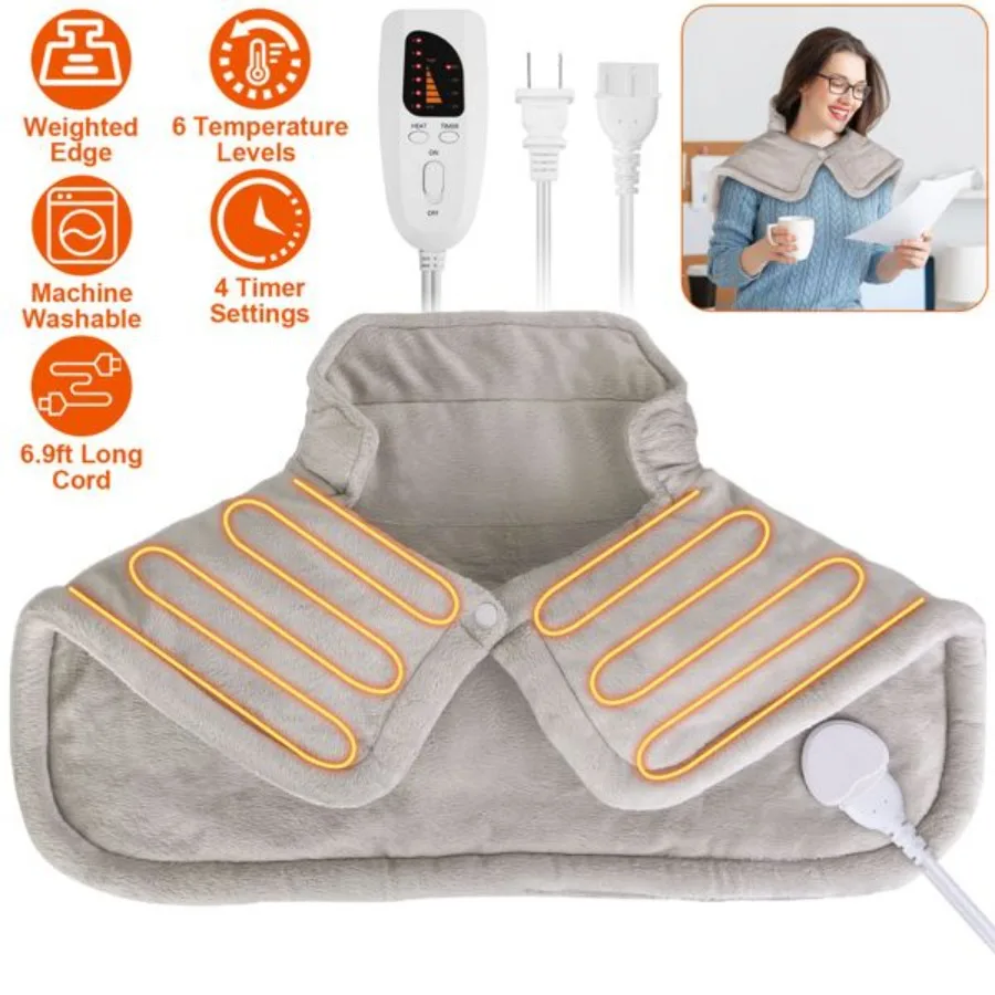 

22.4x16.3in Large Weighted Heating Pad for Neck and Shoulders Electric Fast Heating Mat Neck Wrap Cushion Pain Relief with 6 Te