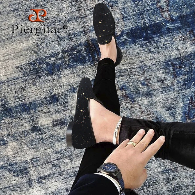 Piergitar Black Velvet With Multi-Colored Dots And Gold Stars Moccasin Handmade Men's Loafers Slip-On Smoking Slippers Plus Size