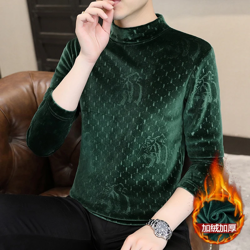 Blackish Green Velvet Warm Base Shirts Mens Turtlenecks Velour T-shirts Slim Fit Claret Red Pullover Burgundy Winter Tops Jumper