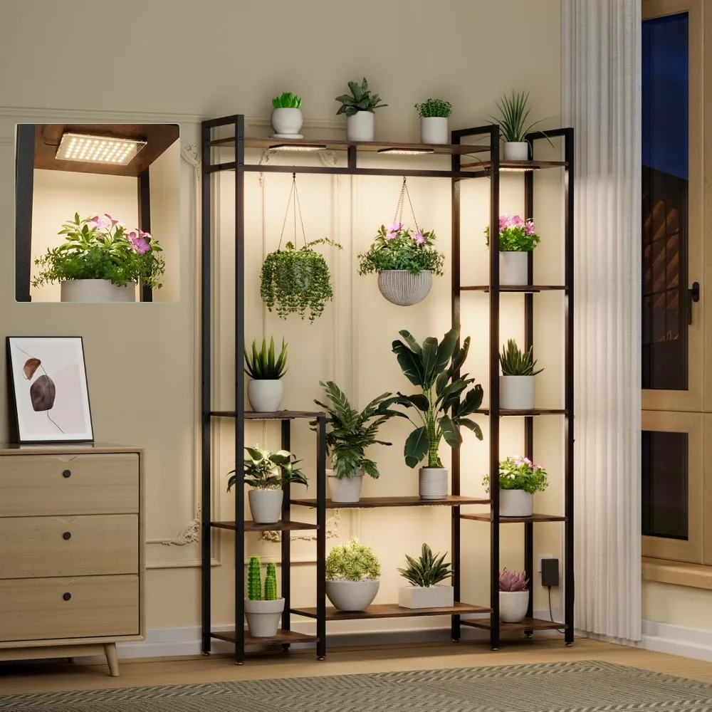 Scaffale per piante da interno in legno a 11 livelli Supporto per piante alto 62" con luci progressive, struttura in metallo, supporto per vasi da fiori multipli per piante da interno